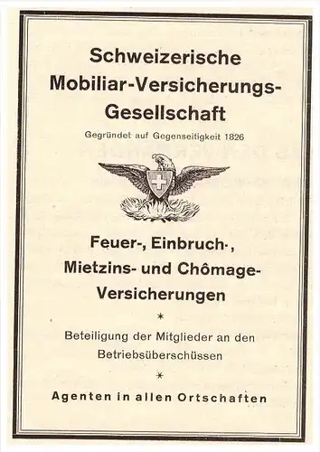 original Werbung - 1927 - schweizerische Mobilar - Versicherung , Feuer , Einbruch , Mietzins !!!