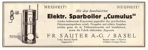 original Werbung - 1927 - Sparboiler Cumulus , F. Sauter AG in Basel , Boiler , Sanitär !!!