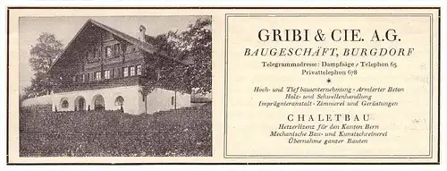 original Werbung - 1927 -  Gribi & Cie AG in Burgdorf , Chaletbau , Schreinerei , Bern !!!