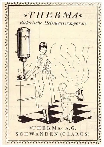 original Werbung - 1927 - Therma AG in Schwanden , Glarus , Heisswasserapparate !!!
