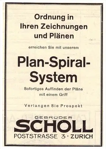 original Werbung - 1927 - Plan-Spiral-System , Gebr. Scholl in Zürich , Architektur , Zeichner , Poststrasse !!!