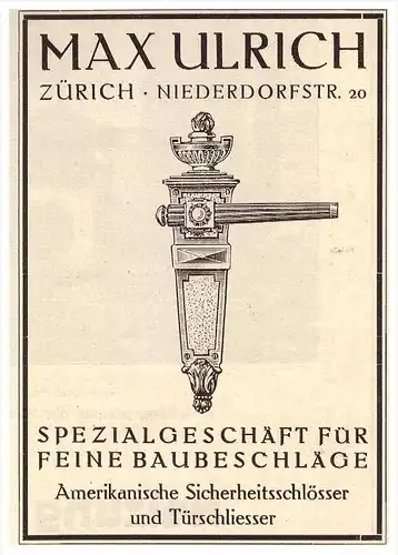original Werbung - 1927 - Max Ulrich in Zürich , Spezialgeschäft , Beschläge , Niederdorfstrasse !!!