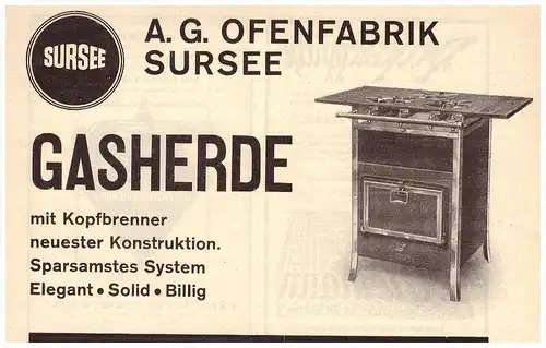 original Werbung - 1927 - Ofenfabrik in Sursee , Gasherd , Ofen !!!