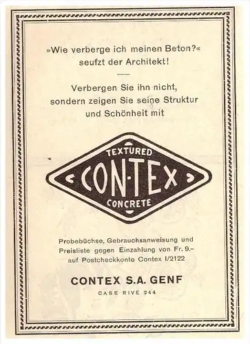 original Werbung - 1927 - CONTEX S.A. in Genf , Beton , Case Rive  !!!