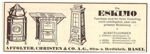 original Werbung - 1927 - ESKIMO , Affolter , Christen & Co in Basel , Ofen- und Herdfabrik !!!