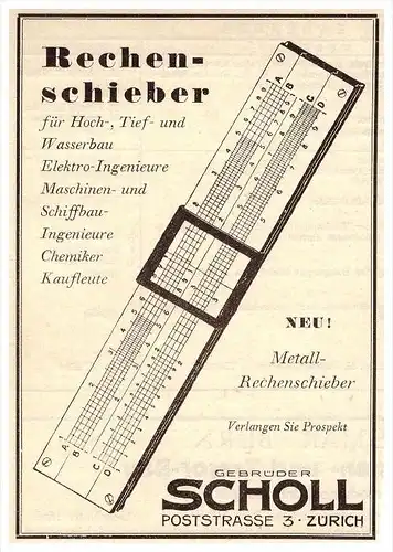original Werbung - 1927 - Rechenschieber , Gebr. Scholl in Zürich , Architektur , Zeichner !!!