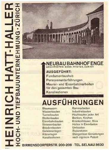 original Werbung - 1927 - Hoch- und Tiefbau , Heinrich Hatt-Haller in Zürich , Bau , Bahnhof Enge , Selnau !!!