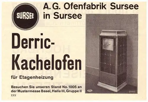 original Werbung - 1927 - Ofenfabrik in Sursee , Derric - Kachelofen !!!