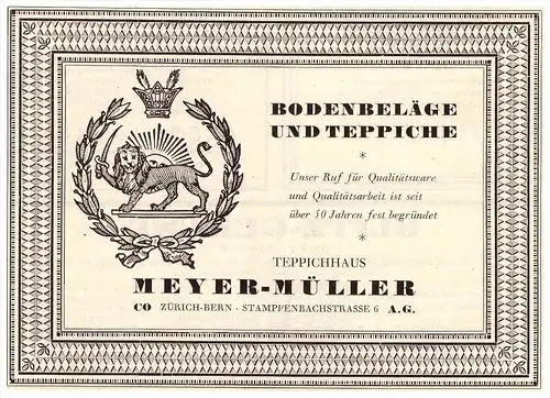 original Werbung - 1927 -  Bodenbeläge , Teppiche , Meyer-Müller , Teppichhaus in Zürich-Bern , Stampfenbachstrasse !!!