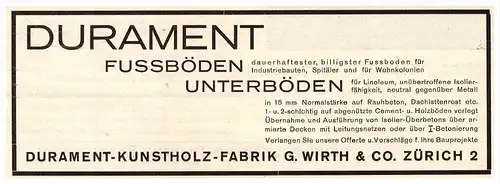 original Werbung - 1927 - Durament - Kunstholz - Fabrik , G. Wirth & Co in Zürich , Fussböden  !!!