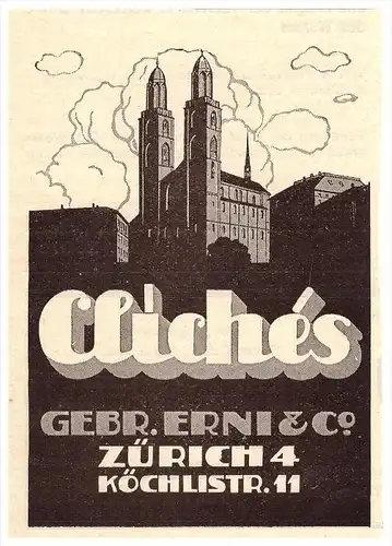 original Werbung - 1927 - Clichés , Gebr. Erni & Co. in Zürich , Köchlistrasse  !!!