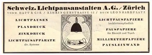 original Werbung - 1927 - Lichtpausenanstalt AG in Zürich , Plandruck , Druckerei , Leinwand !!!