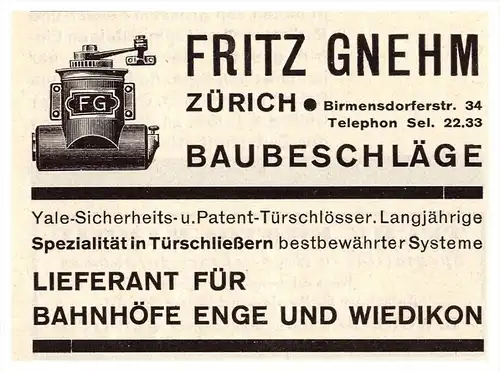 original Werbung - 1927 - Fritz Gnehm in Zürich , Birmensdorferstrasse , Baubeschläge !!!