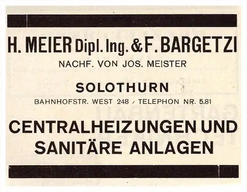 original Werbung - 1927 - Meier & Bargetzi in Solothurn , Centralheizungen , Sanitäre Anlagen , Sanitär , Heizungsbau !!