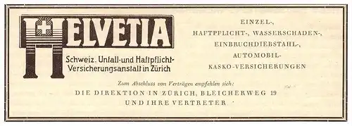 original Werbung - 1927 - HELVETIA - Versicherung in Zürich , Bleicherweg !!!