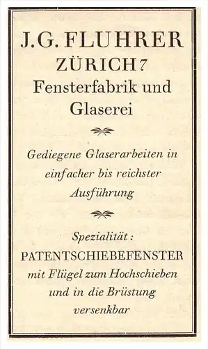 original Werbung - 1927 - J.G. Fluhrer , Fensterfabrik und Glaserei in Zürich !!!