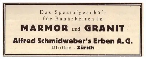 original Werbung - 1927 - Marmor und Granit , Alfred Schmidweber AG in Zürich !!!