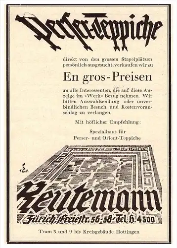 original Werbung - 1927 - Perser-Teppiche , Orient-Teppiche , Reutemann in Zürich , Hottingen !!!