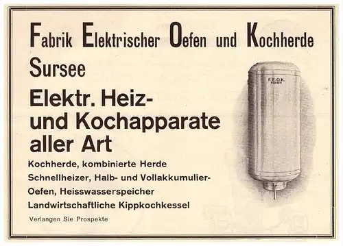 original Werbung - 1927 - Fabrik elektrischer Öfen in Sursee , Kochherde !!!  !!!