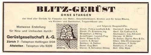 original Werbung - 1927 - Blitz-Gerüst , Gerüstbau in Zürich , Altstetten , Biel , Herisau , Glarus !!!