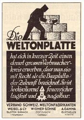 original Werbung - 1927 - Die Weltonplatte , Weibel & Co in Glothen-Sirnach , Zofingen , A. Gamma in Gurtnellen !!!