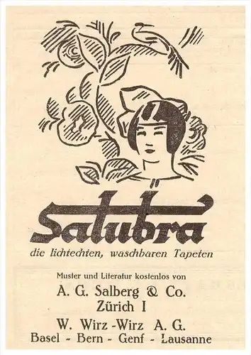 original Werbung - 1927 - Salubra Tapeten , Salberg & Co in Zürich , W. Wirz in Basel , Bern , Genf und Bern !!!