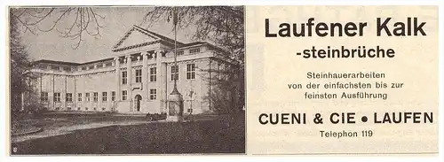 original Werbung - 1927 - Cueni & Cie in Laufen , Steinbruch , Kalk , Steinhauer , Bau , Architektur !!!