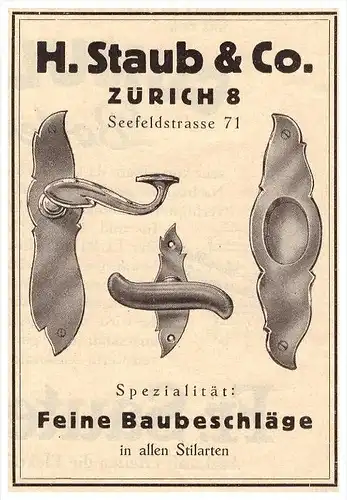 original Werbung - 1927 - H. Staub & Co in Zürich , Beschläge für Türen , Seefeldstrasse !!!