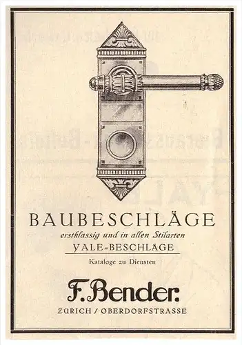 original Werbung - 1927 - F. Bender , Baubeschläge in Zürich , Yale-Beschläge , Oberdorfstrasse !!!