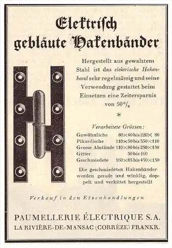 original Werbung - 1927 - Paumellerie Électrique  , La Riviere de Mansac , Corréze !!!