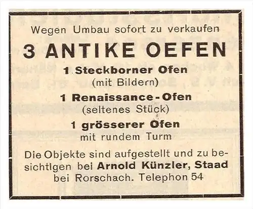 original Werbung - 1927 - 3 Antike Öfen , Arnold Künzer in Staad b. Thal , SG , Rorschach !!!