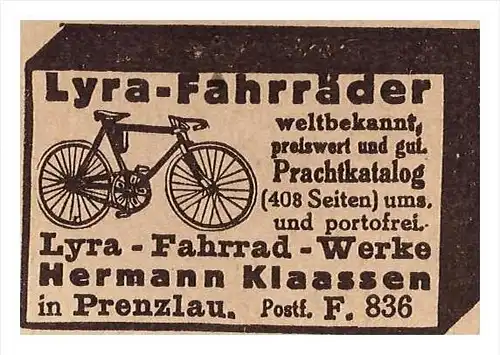 original Werbung - 1912 - Lyra Fahrräder , Fahrrad - Werke , Hermann Klaassen in Prenzlau !!!