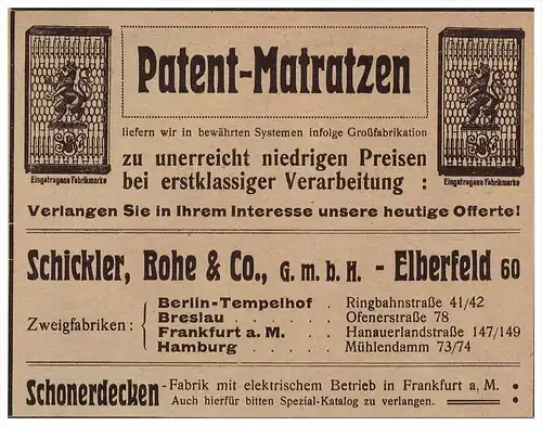 original Werbung - 1912 -  Patent-Matratzen , Schickler , Rohe & Co in Elberfeld b. Wuppertal !!!