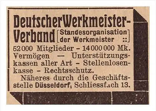 original Werbung - 1912 - Deutscher Werkmeister Verband , Düsseldorf , Rechtsschutz !!!