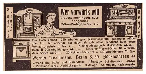 original Werbung - 1912 - Schnitzereien , Möbel , Werner Trischmann in Berlin  !!!