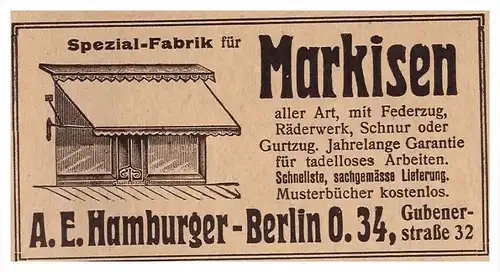 original Werbung - 1912 - Spezialfabrik für Markisen , A.E. Hamburger in Berlin , Schaufenster !!!