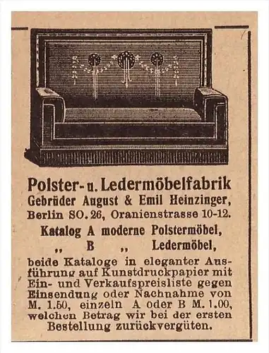 original Werbung - 1912 - Polster- und Ledermöbelfabrik , E. Heinzinger in Berlin , Tischler , Möbel !!!