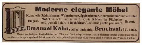 original Werbung - 1912 - Emanuel Kahn in Bruchsal , Möbel-Industrie , Tischler !!!