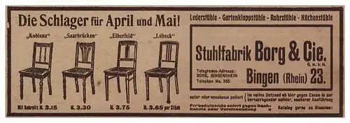 original Werbung - 1912 - Stuhlfabrik Borg & Cie in Bingen a. Rhein , Tischlerei , Schreiner , Tischler , Holz , Möbel !