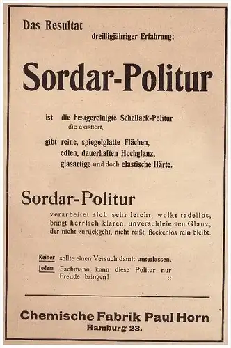 original Werbung - 1912 - Sordar-Politur , Glanzlacke , Paul Horn in Hamburg , Chemische Fabrik !!!