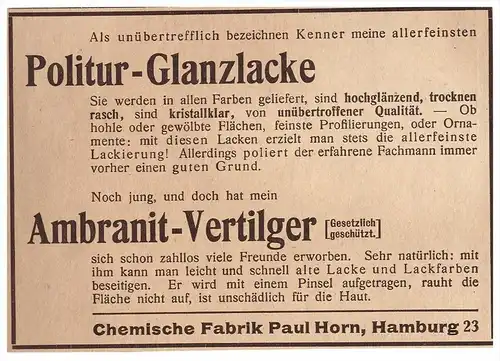 original Werbung - 1912 - Politur , Glanzlacke , Paul Horn in Hamburg !!!