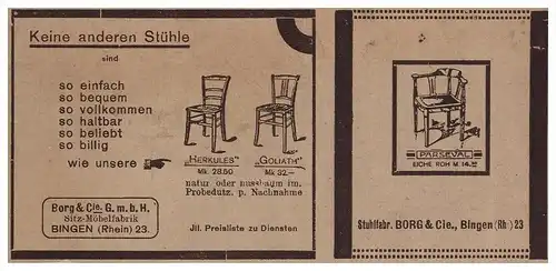 original Werbung - 1912 - Stuhlfabrik Borg & Cie in Bingen a. Rhein , Tischlerei , Schreiner , Tischler , Holz , Möbel !