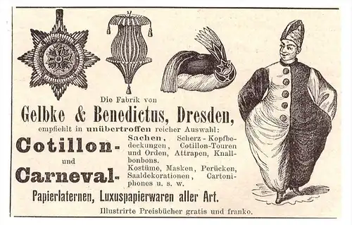 original Werbung - 1891 - Karneval - Masken , Kostüme , Gelbke & Benedictus in Dresden , Fasching !!!