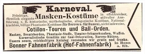 original Werbung - 1891 - Karneval - Masken , Kostüme , Fahnenfabrik Bonn !!!