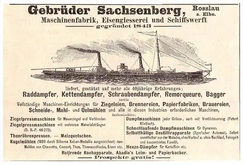 original Werbung - 1891 - Gebrüder Sachsenberg in Rosslau a. Elbe , Raddampfer , Kettendampfer , Dampfer , Schiffbau !!!