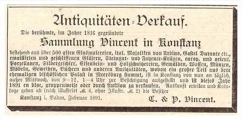 original Werbung - 1891 - Antiquitäten - Verkauf , Palast Meersburg , Sammlung Vincent in Konstanz , Museum !!!