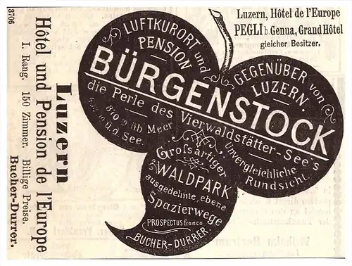 original Werbung - 1884 - Hotel und Pensio de l`Europe , Bürgenstock b. Luzern  , Kur , Arzt , Krankenhaus !!!