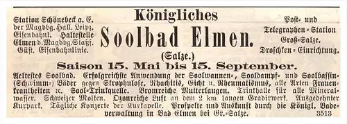 original Werbung - 1884 - Soolbad Elmen b. Groß Salze , Schönebeck a. Elbe , Kur , Arzt , Krankenhaus !!!