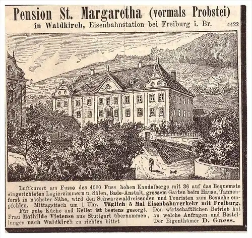 original Werbung - 1884 - Pension St. Margaretha in Waldkirch , Probstei , D. Gaess , Kur , Arzt , Krankenhaus !!!