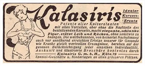 original Werbung - 1916 - Kalasiris , Korsett - Ersatz , Köln , Corset !!!